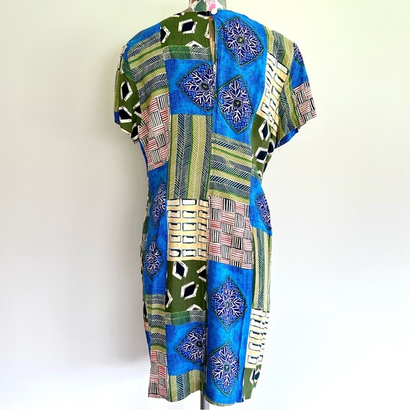 🌎VINTAGE Abstract Graphic Boho Print Blue Green Dress - Picture 5 of 8